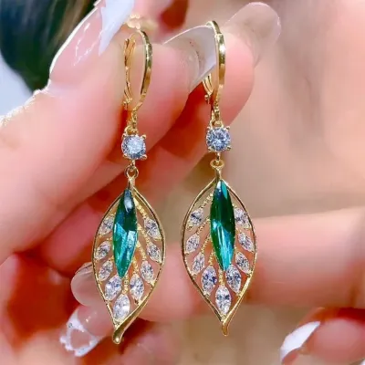 Green Crystal Gold Leaf Dangle Earrings 